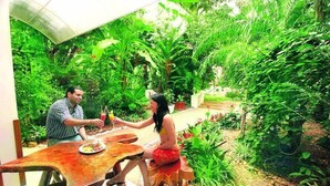 Un homme et une femme sont assis à une table en bois, dans un jardin luxuriant où la végétation est dense et où l’on trouve une grande variété de plantes.