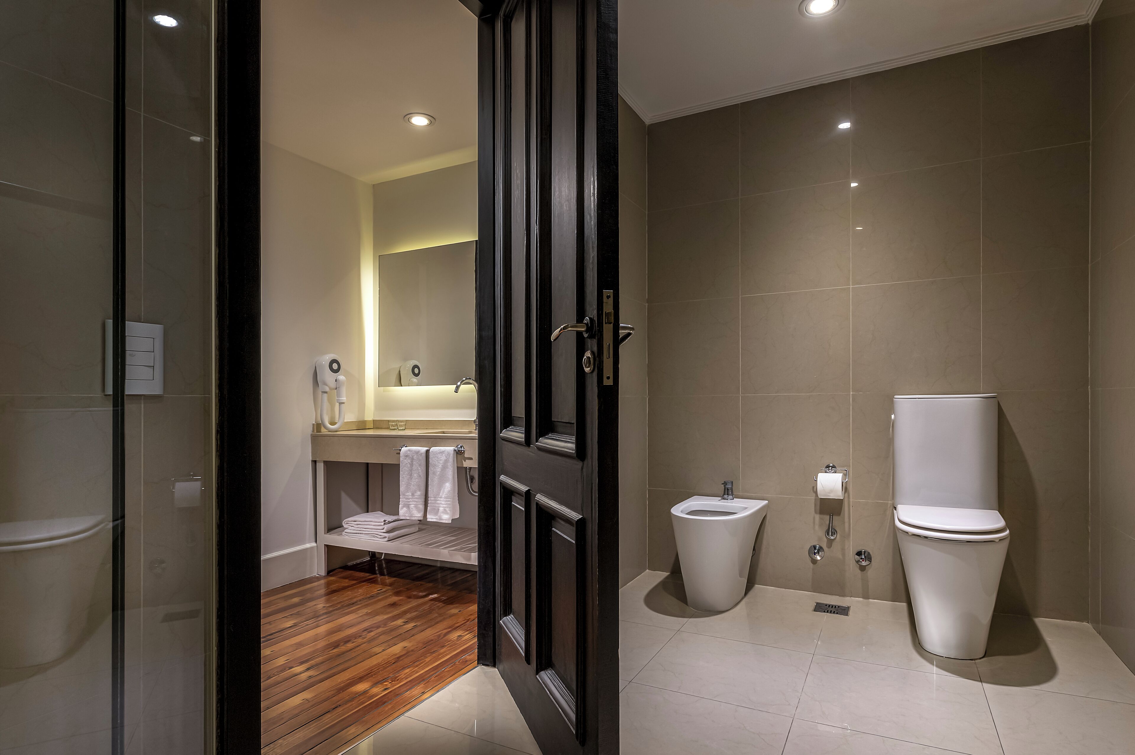 free toiletries, hair dryer, bidet, towels