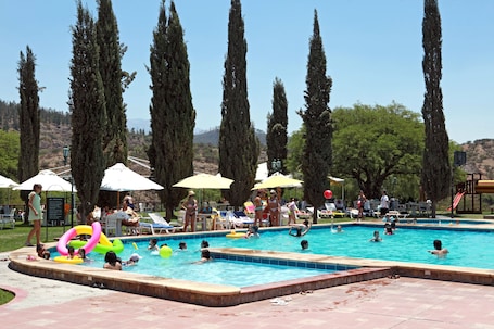 Outdoor pool, pool umbrellas, sun loungers