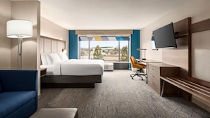 A hotel room with a bed, desk, chair, TV, and large window. - Holiday Inn Express McDonough by IHG (McDonough)
