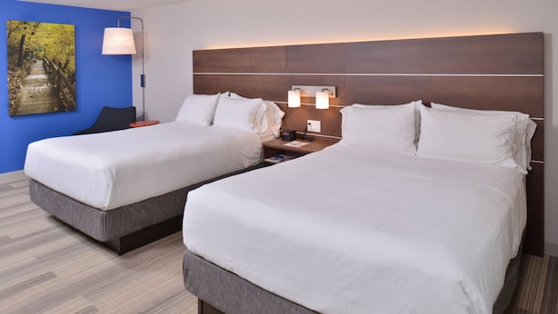 A hotel room with two beds, a nightstand, a lamp, and a painting on the wall. - Holiday Inn Express and Suites Stevens Point by IHG (Stevens Point)