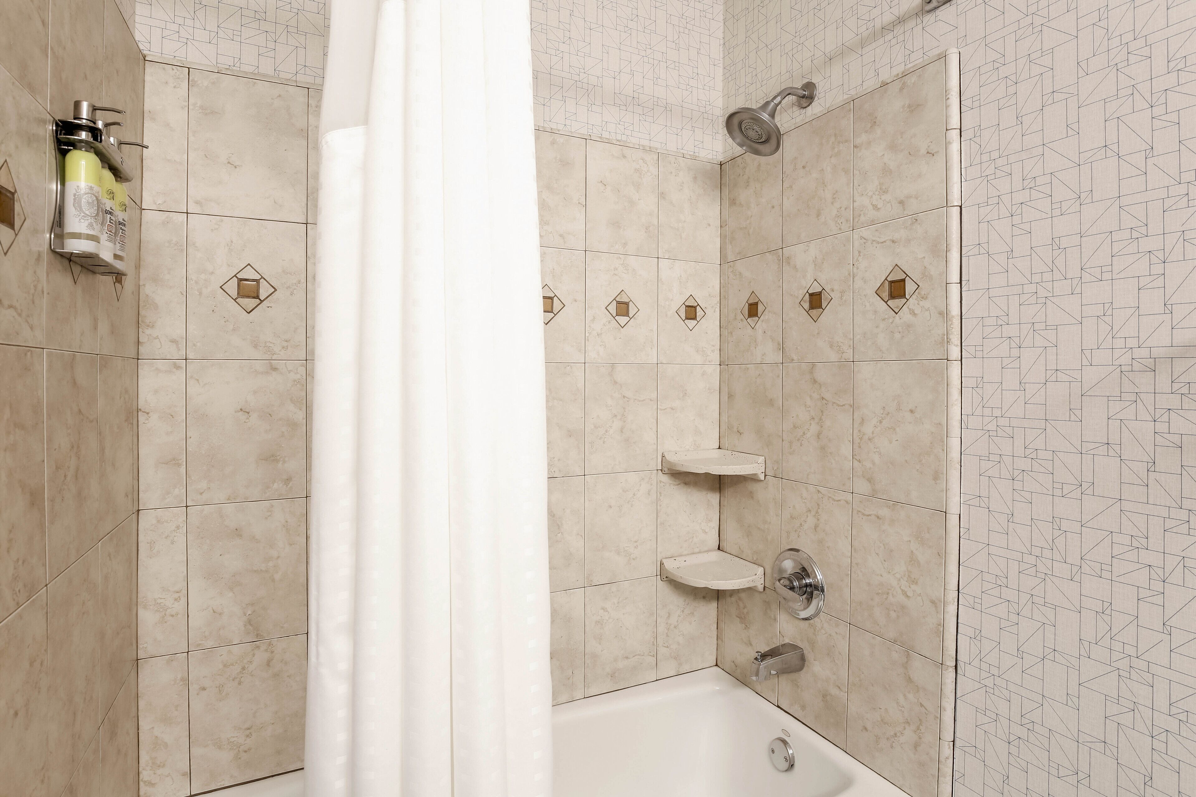 combined shower/bathtub, free toiletries, hair dryer, towels
