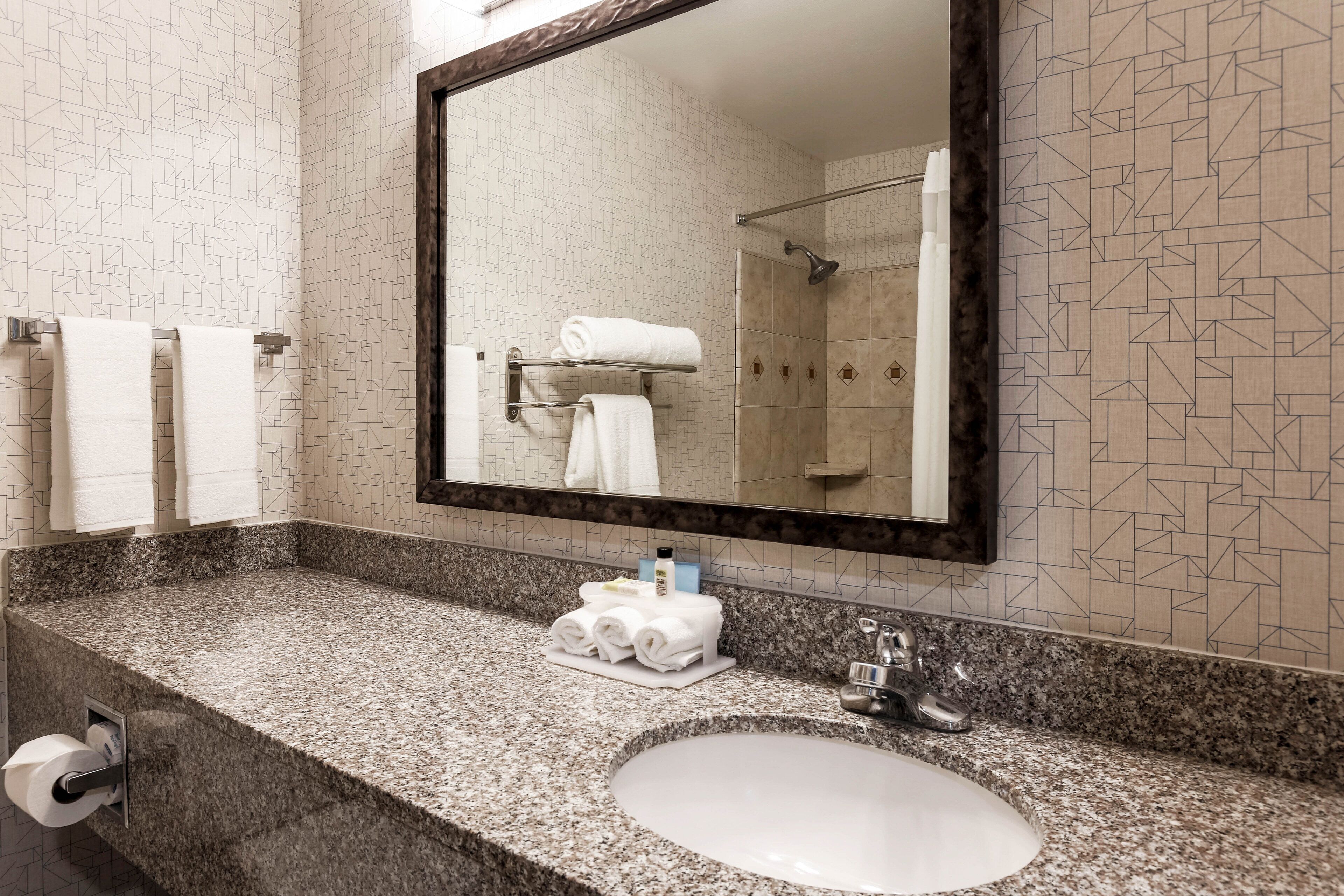 combined shower/bathtub, free toiletries, hair dryer, towels