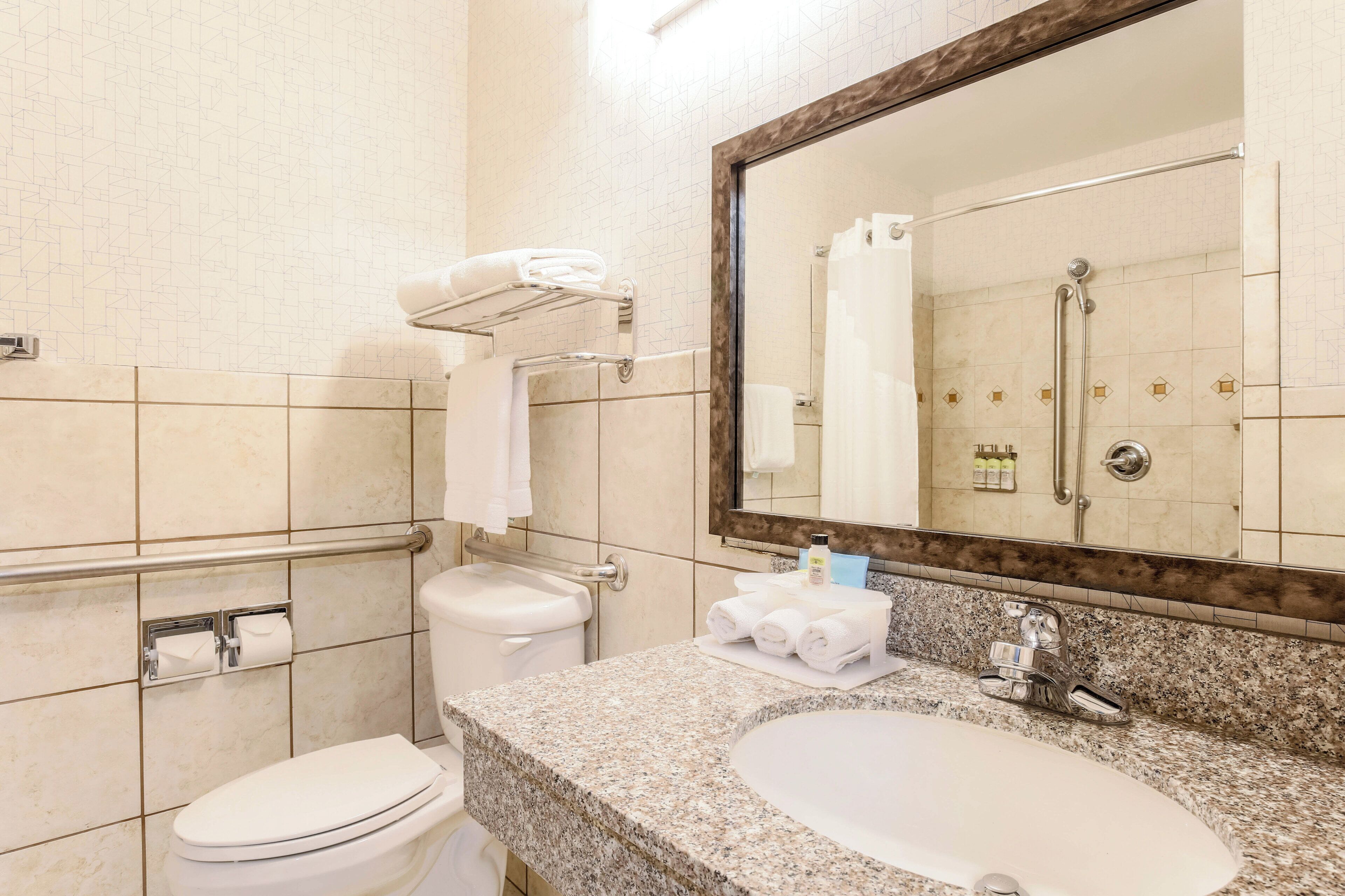 Un baño con inodoro, lavabo y ducha.