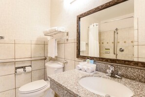 A bathroom with a toilet, sink, and shower.