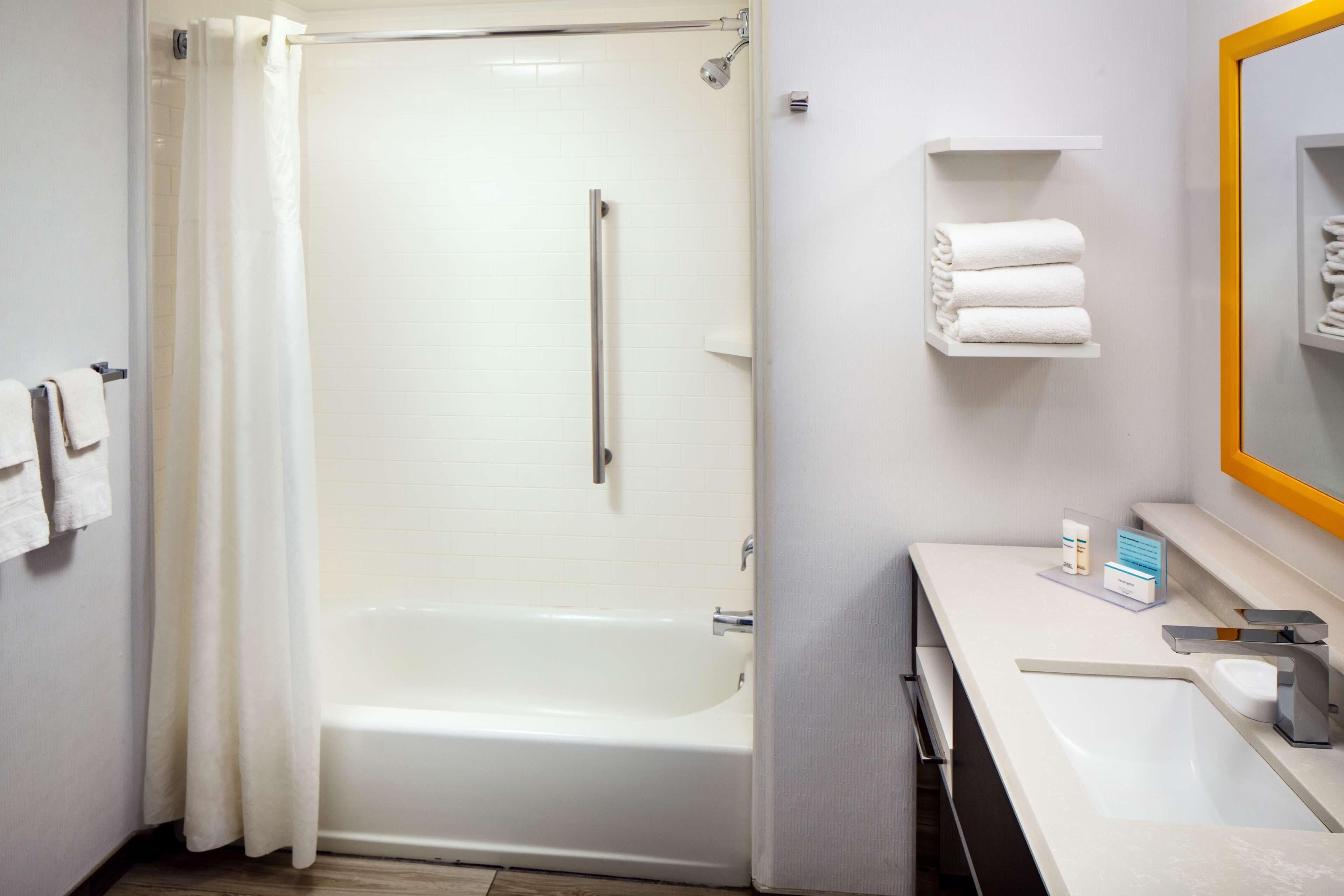 two queen beds non-smoking | bathroom | separate bathtub and shower, hair dryer, towels