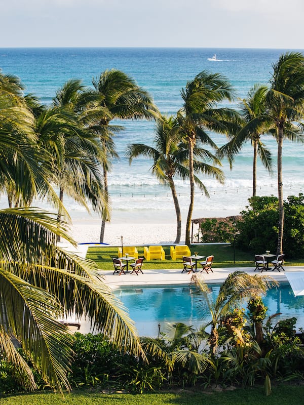 On the beach, white sand, free beach cabanas, sun loungers