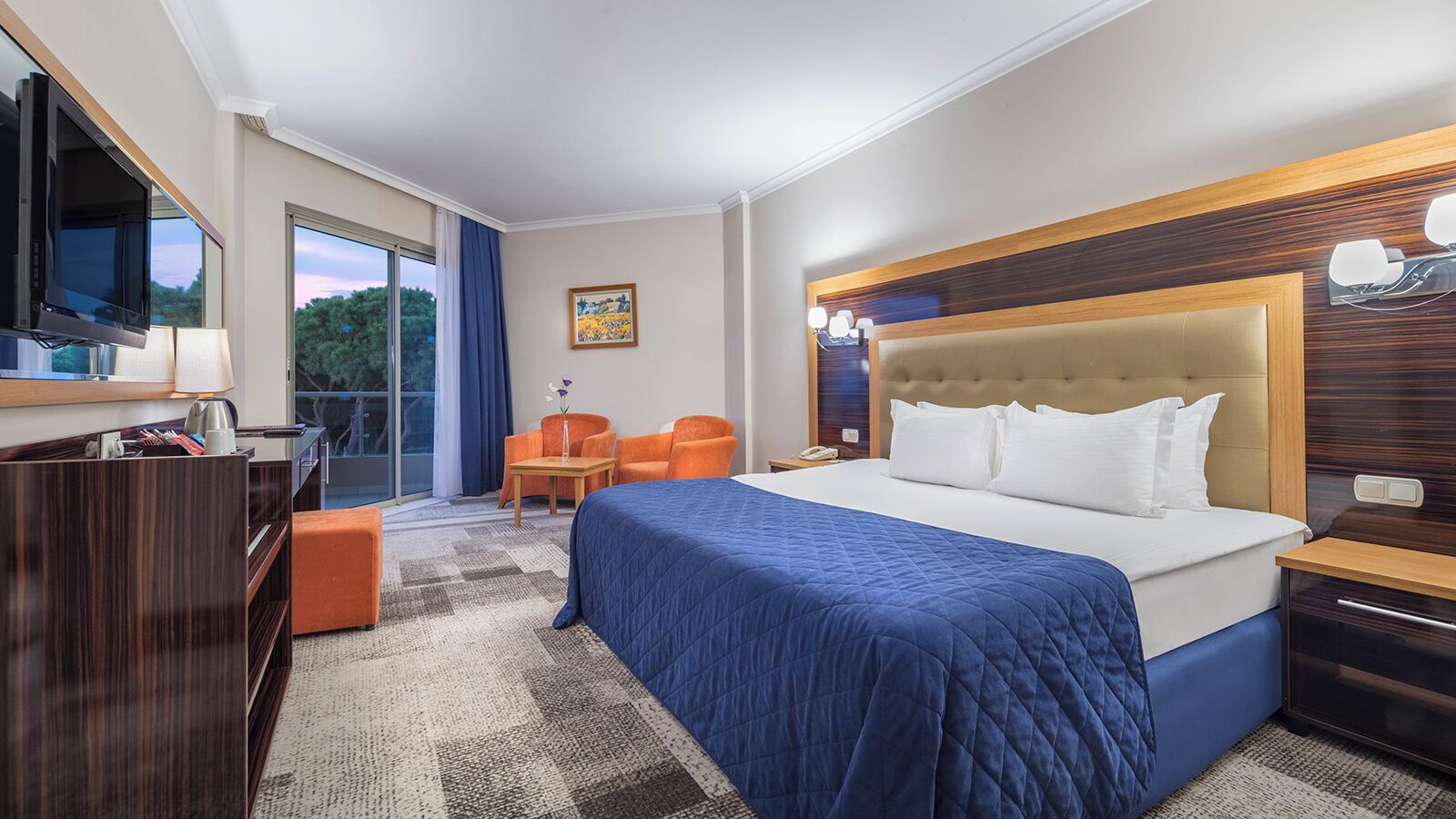 Una habitación de hotel con una cama grande, un escritorio, una silla y una televisión.