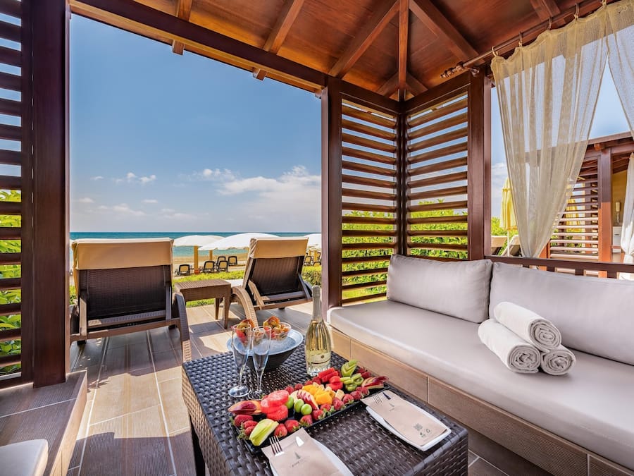 On the beach, sun loungers, beach umbrellas, beach towels