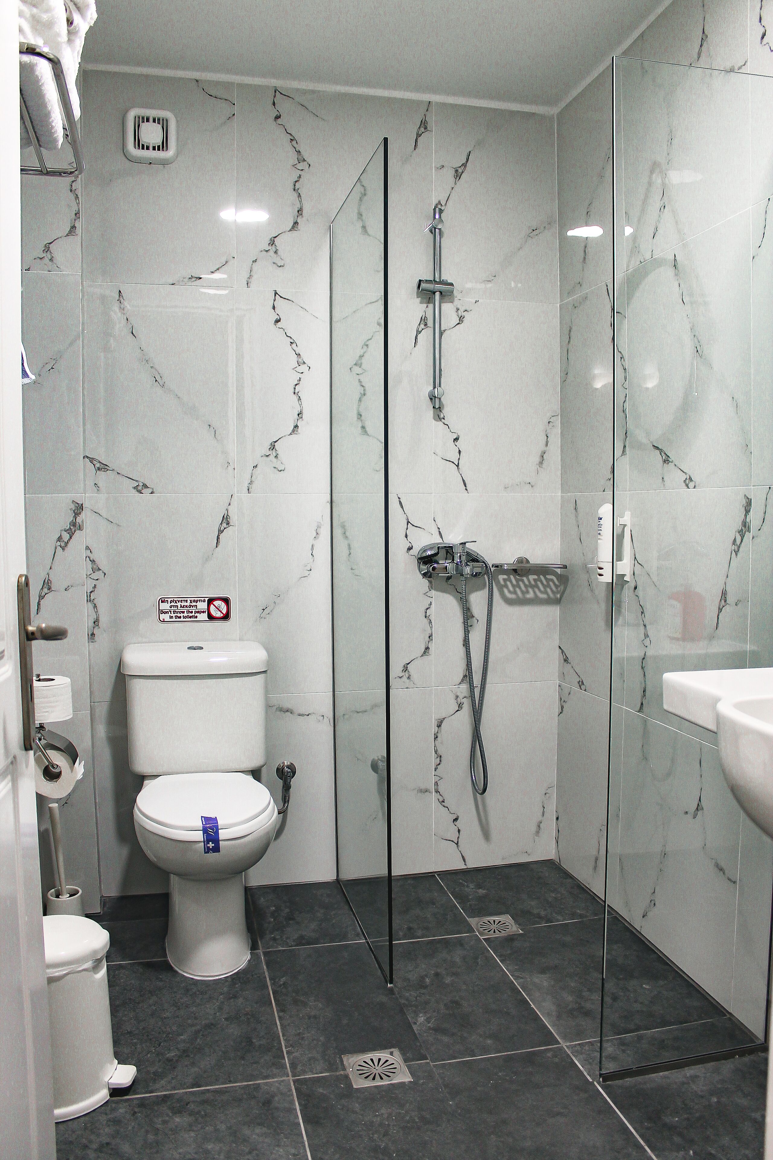 Un baño con ducha separada por mampara de cristal, inodoro y lavamanos.