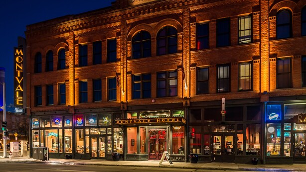 A historic brick building with a sign reading "Montvale Hotel." - Montvale Hotel (Spokane)