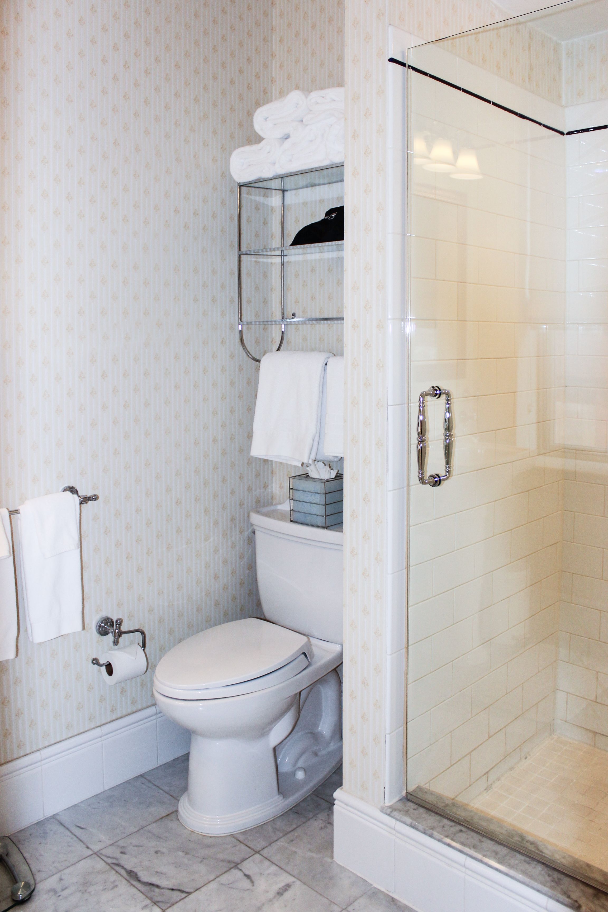 A bathroom with a toilet, a glass shower enclosure, and a towel rack.