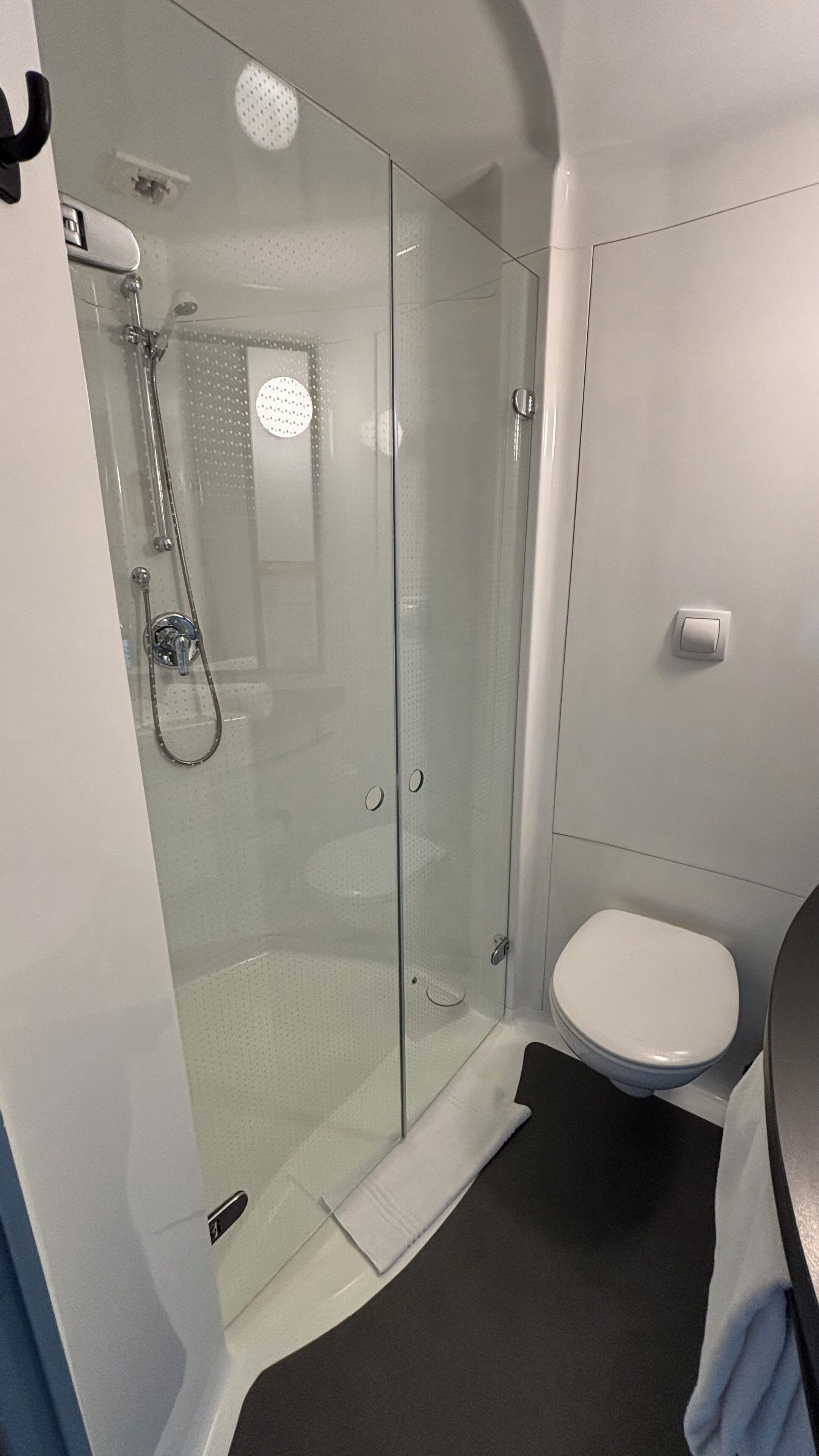 Un baño moderno con ducha envuelta en vidrio, inodoro y lavamanos.