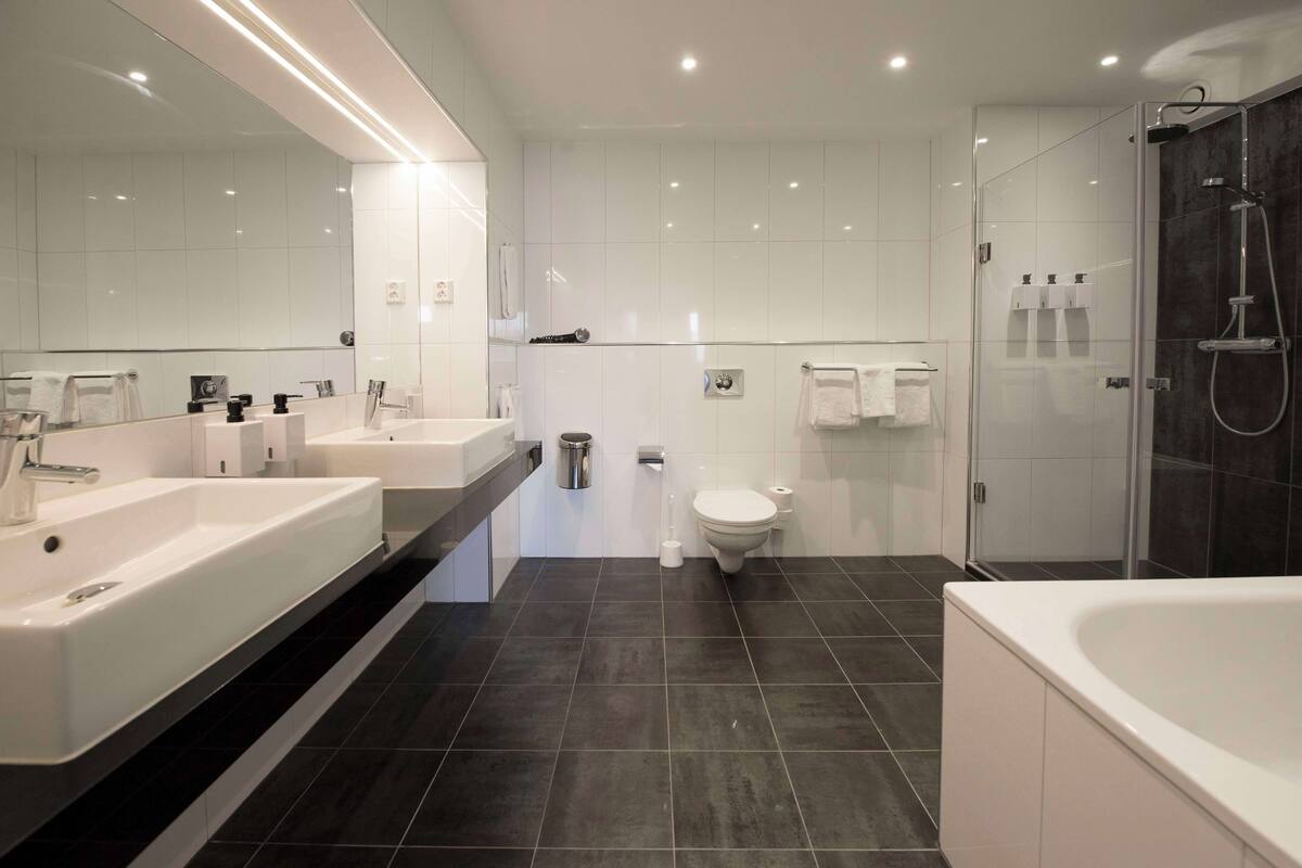 hypo-allergenic bedding, desk, laptop workspace, iron/ironing board