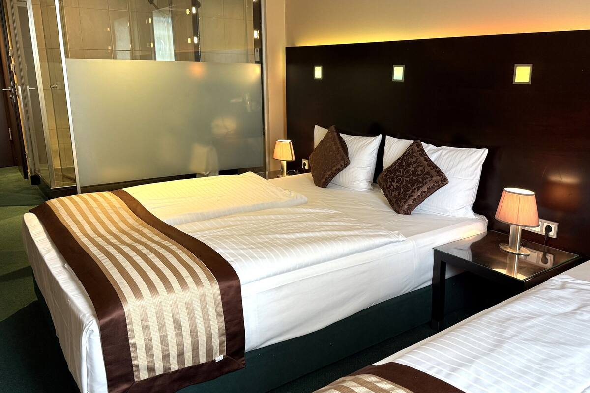 A hotel room with a large bed, a bedside table, a lamp, and a mirror.
