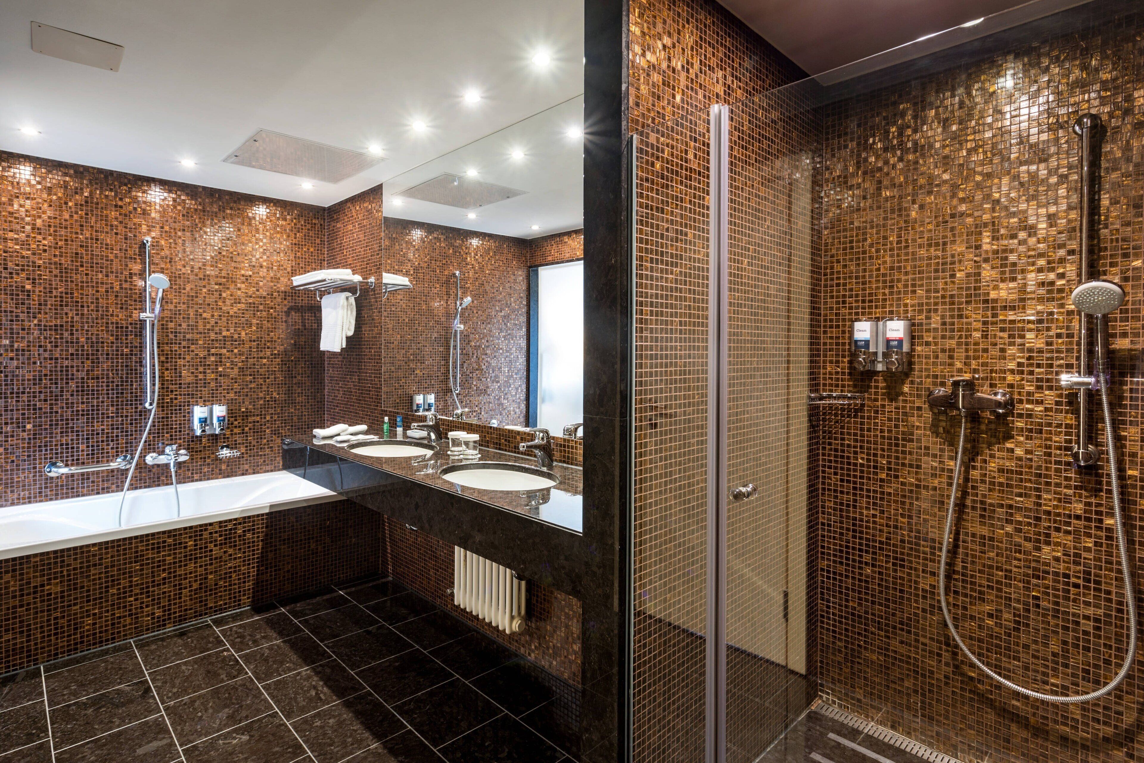 shower, designer toiletries, hair dryer, bathrobes