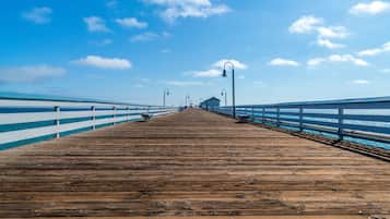 A wooden pier extending into the water with a railing on both sides.