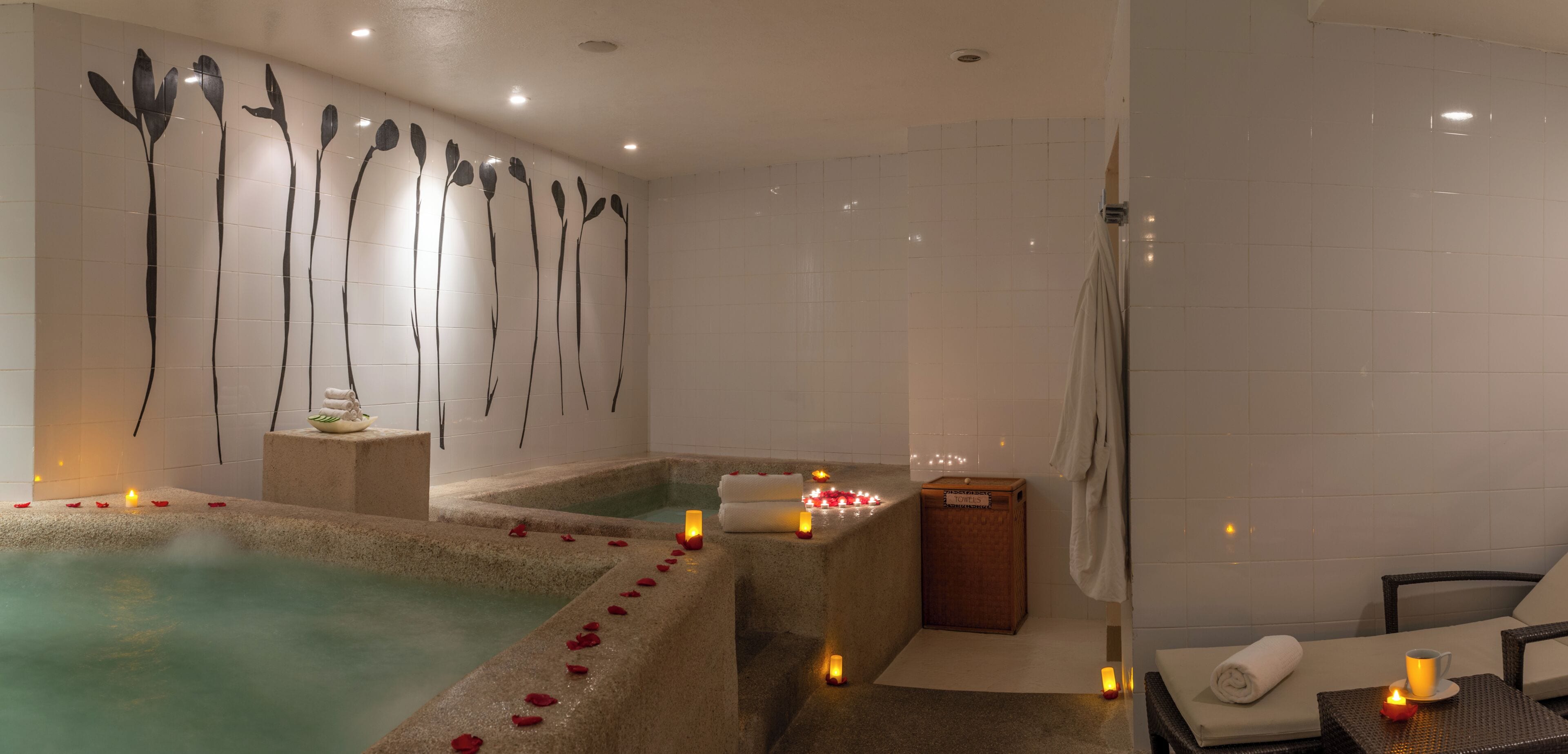 Couples treatment rooms, sauna, hot tub, steam room, hot springs