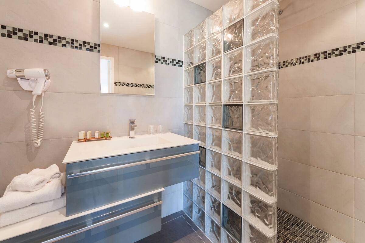 free toiletries, hair dryer, towels