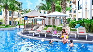 2 outdoor pools, open 6:00 AM to 9:30 PM, pool umbrellas, pool loungers