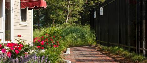 A pathway leading to a building with a red awning, surrounded by a garden with red and purple flowers, and a black fence.