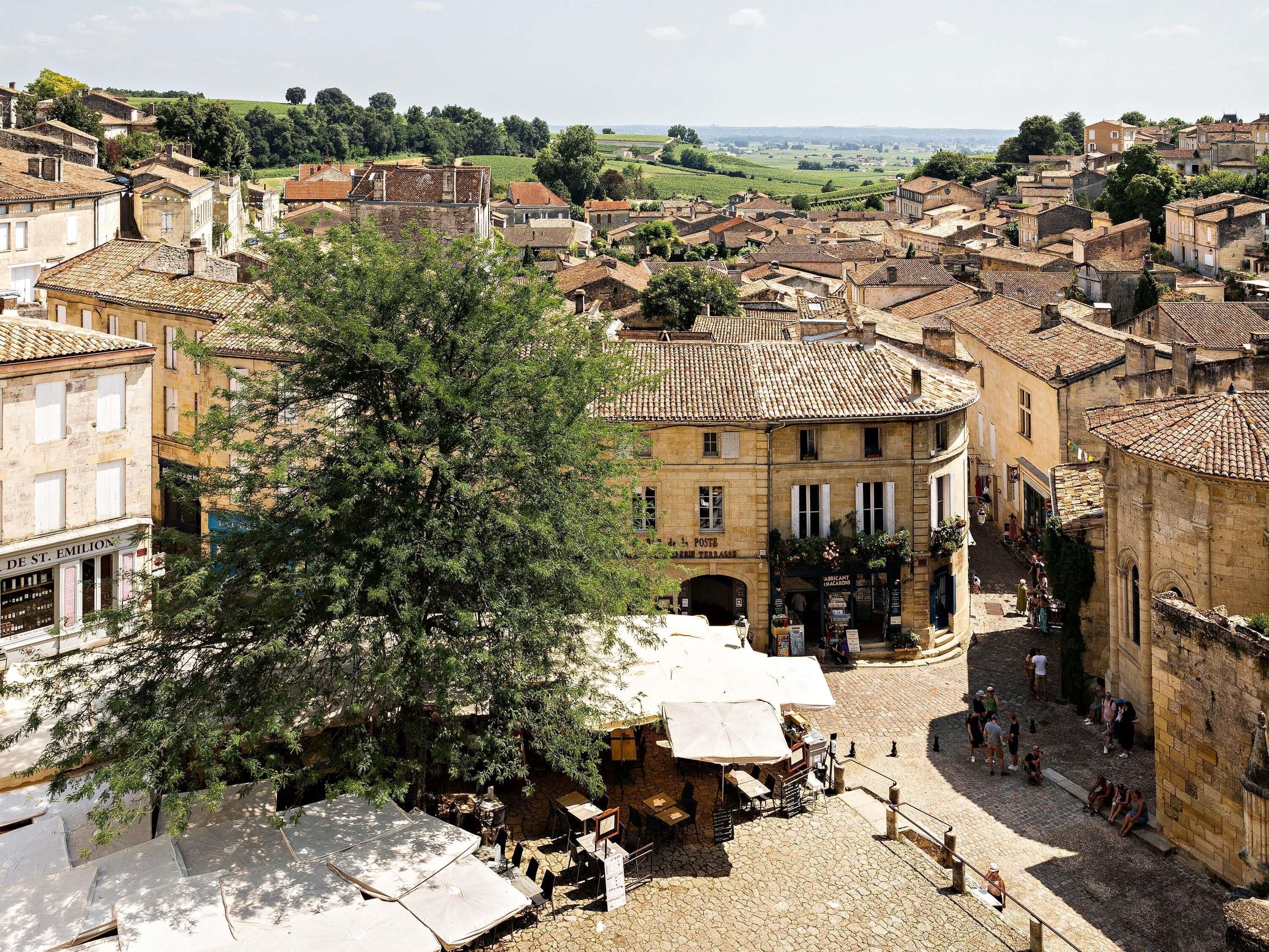 A town square with stone paving, historic buildings, and a large tree.