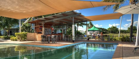 Outdoor pool, pool umbrellas, pool loungers