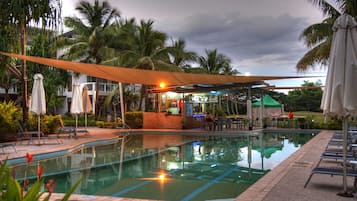 Outdoor pool, pool umbrellas, pool loungers