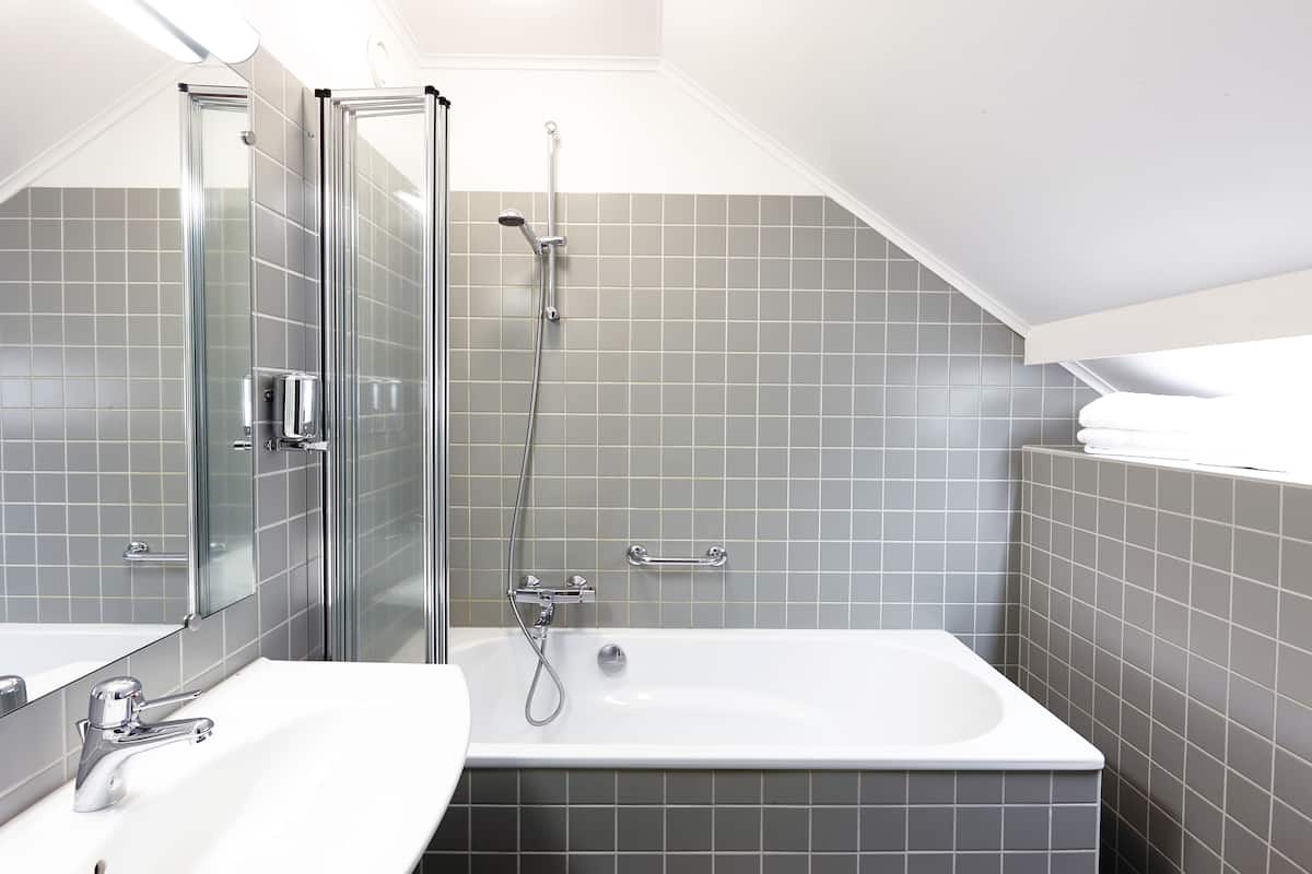 deluxe room | bathroom | shower, free toiletries, hair dryer, towels