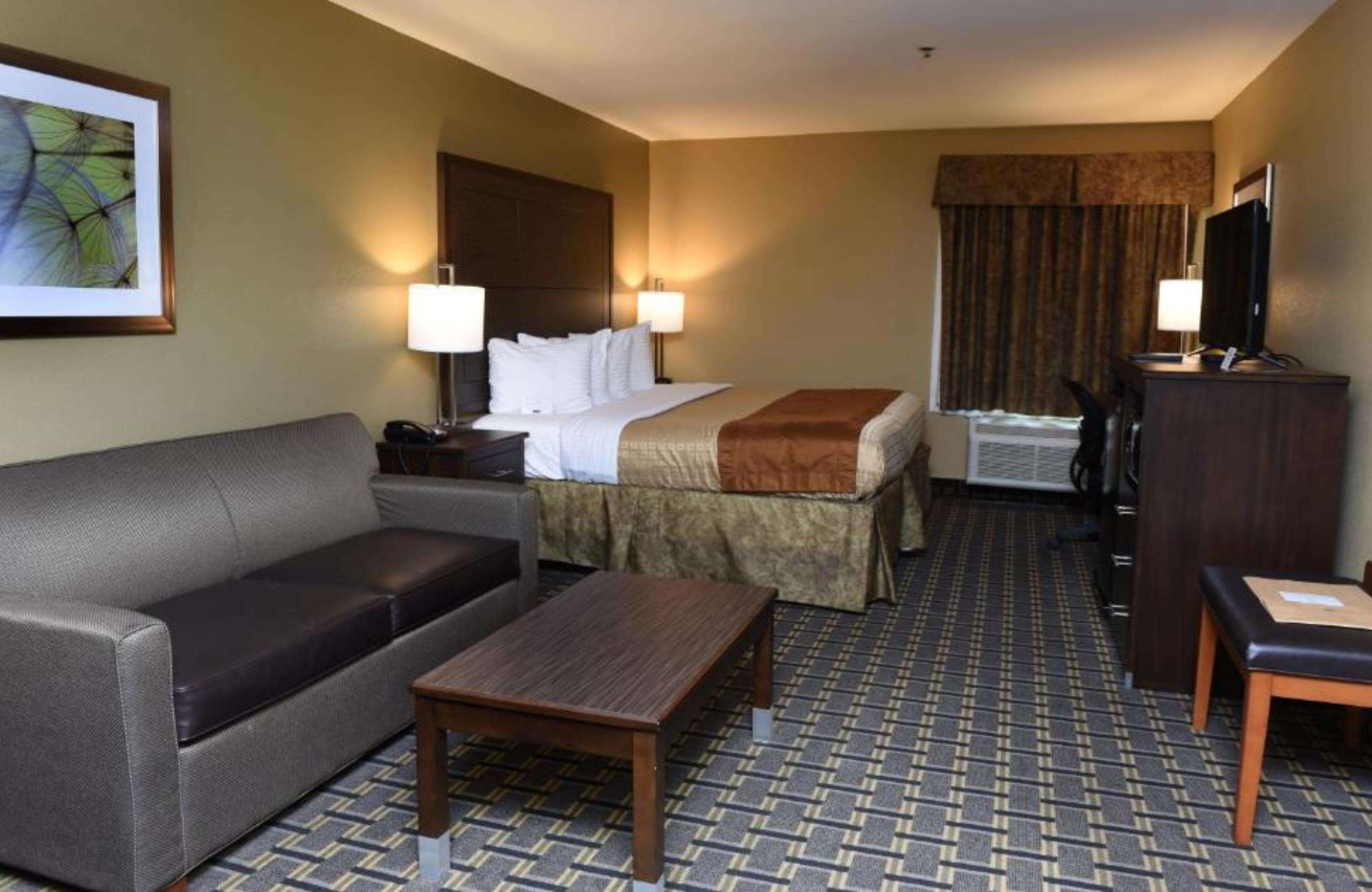 Una habitación de hotel con cama, sofá, escritorio, silla y televisor.