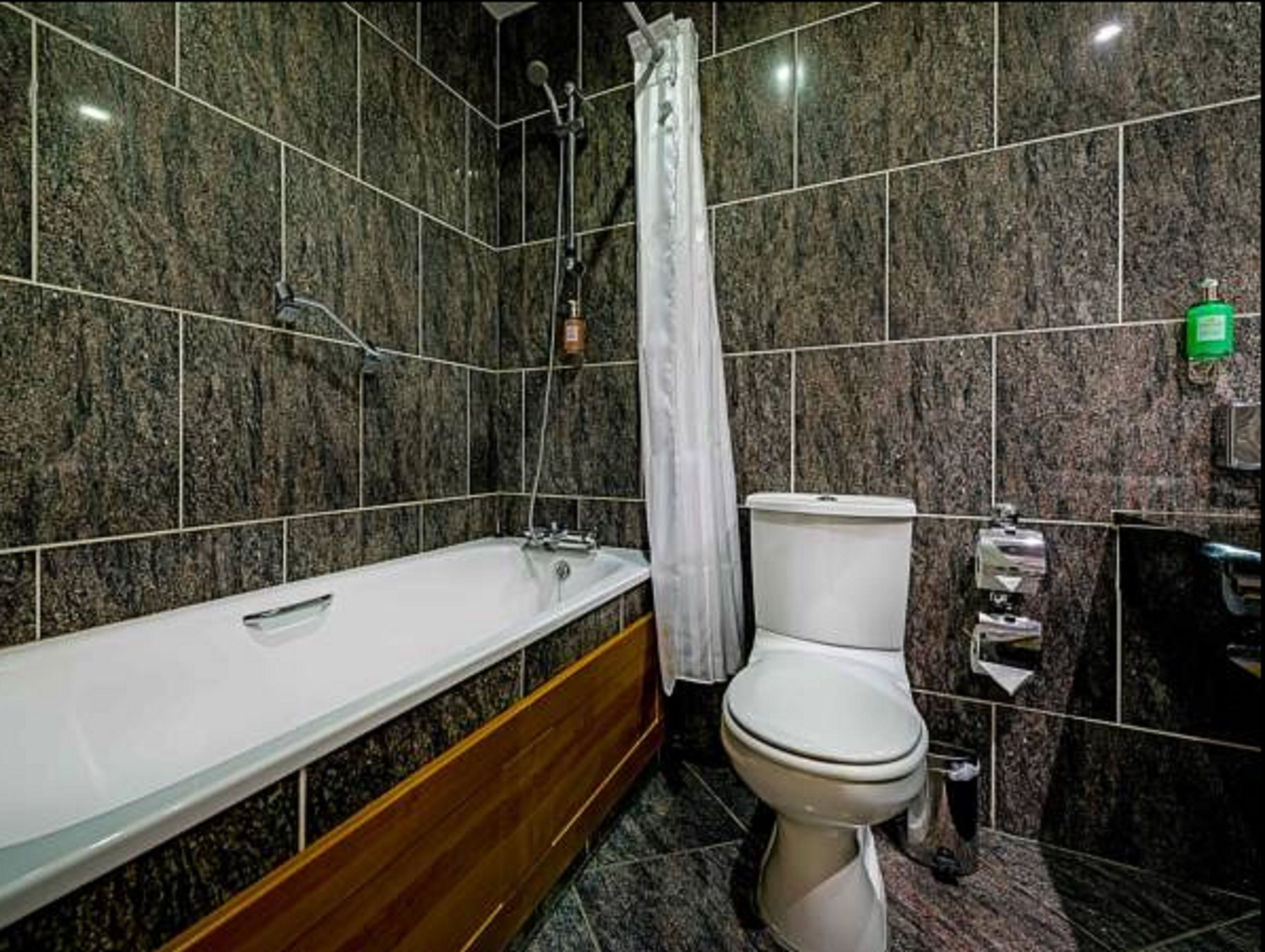 combined shower/bathtub, free toiletries, hair dryer, towels