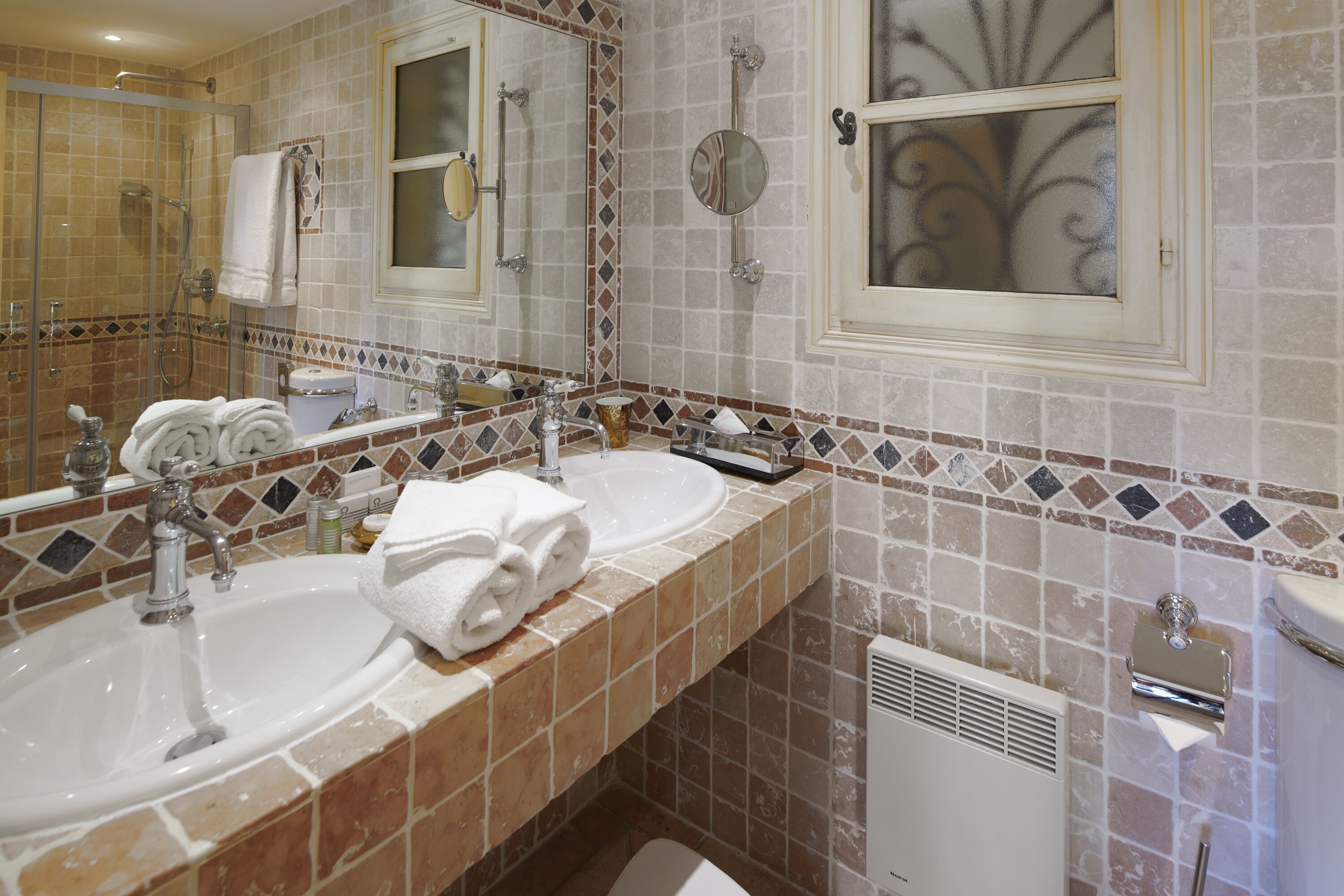 superior double room | bathroom | hair dryer, slippers, towels