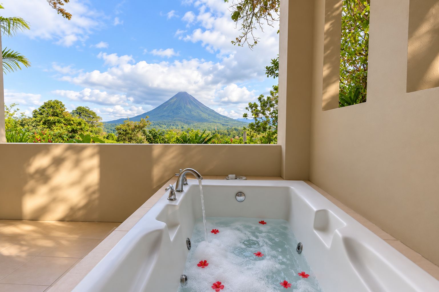 A bathroom with a bathtub filled with water and red flowers, a window with a view of a mountain, and a tiled floor.