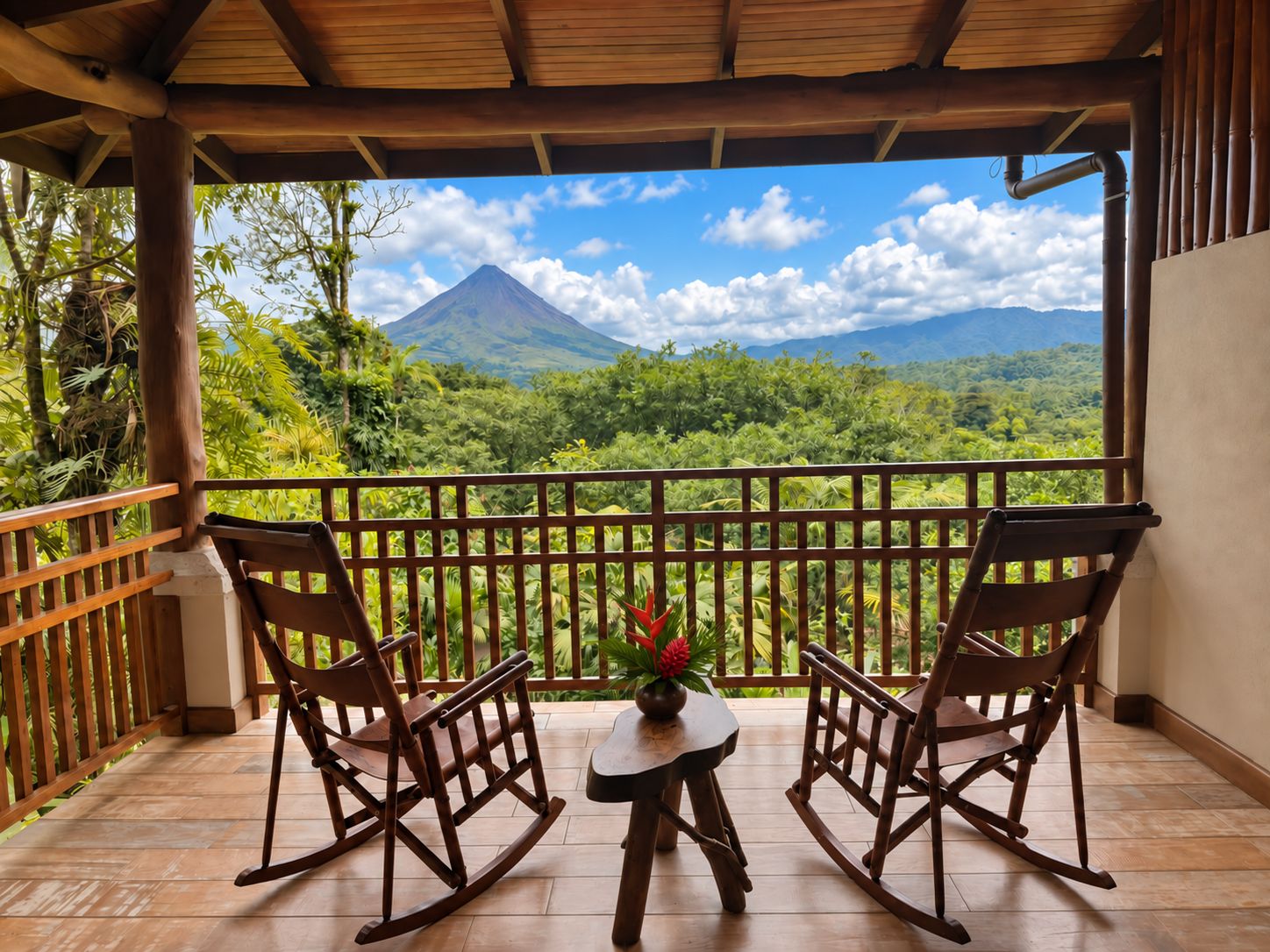 A balcony with two rocking chairs and a small table, overlooking a lush landscape with a mountain in the distance.