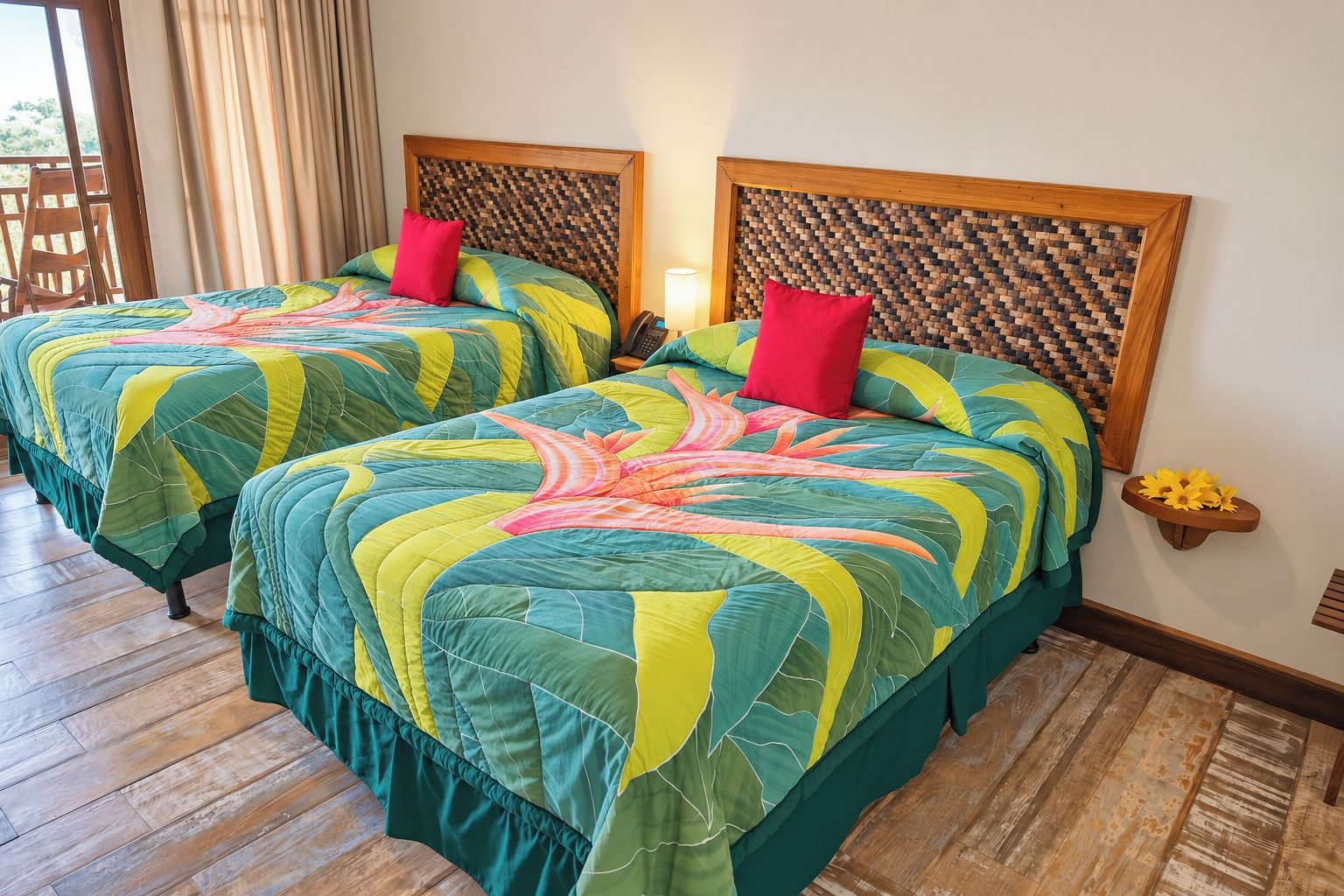 Een hotelkamer met twee bedden, houten hoofdeinden en een klein nachtkastje met een lamp.