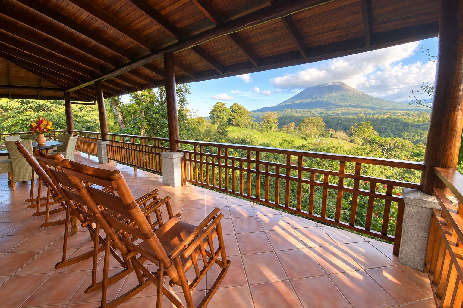 A covered outdoor seating area with wooden chairs and a table, overlooking a mountainous landscape.