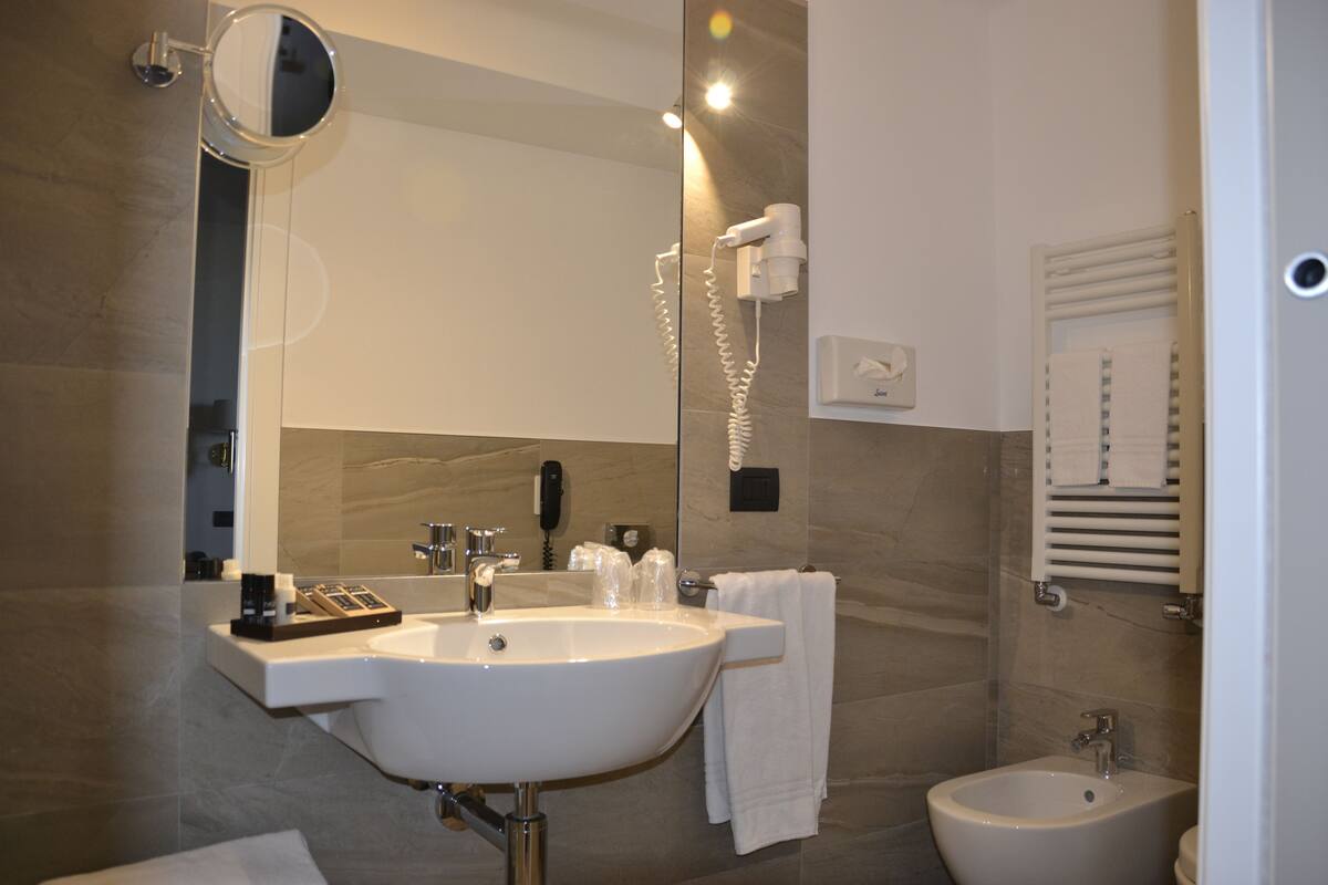 free toiletries, hair dryer, bidet, towels