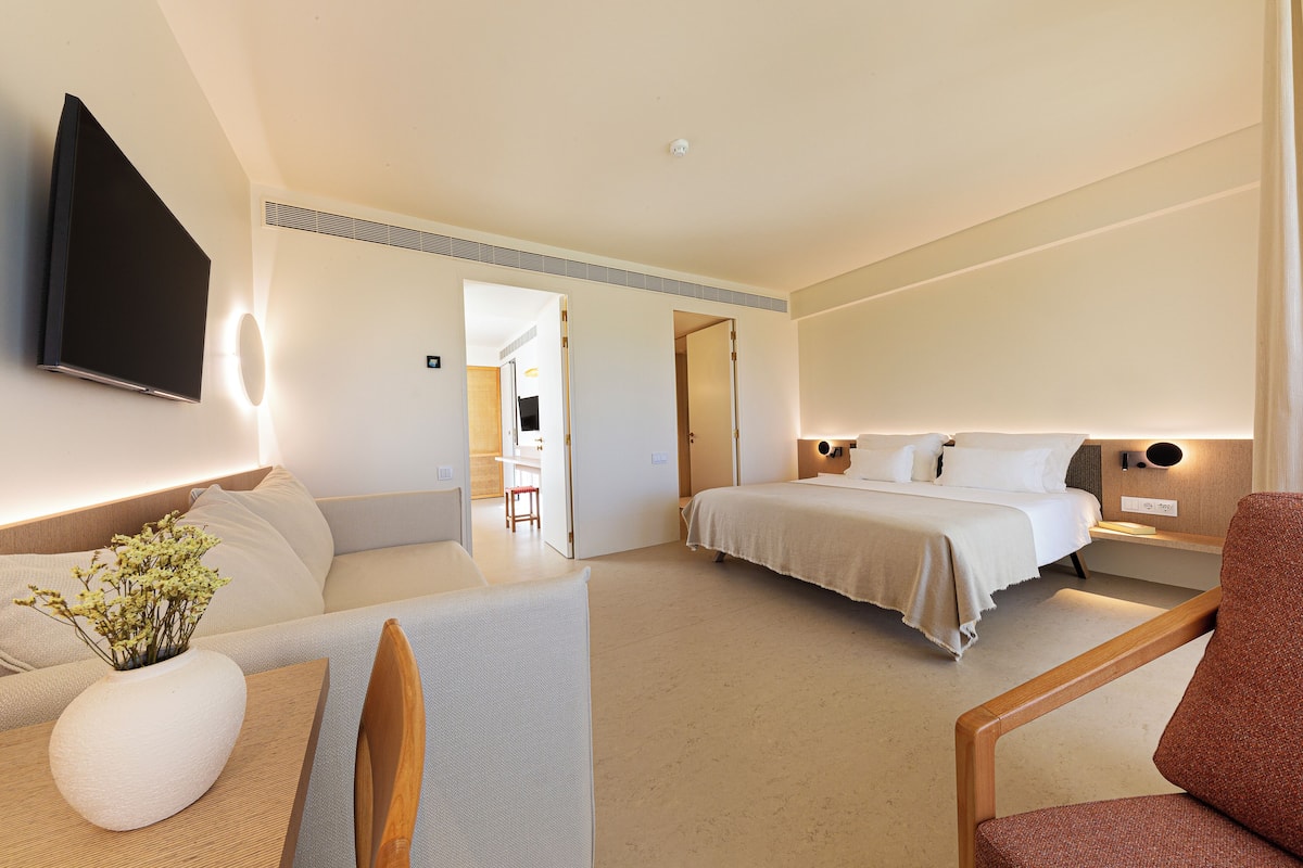A hotel room with a bed, a sofa, a TV, and a desk.