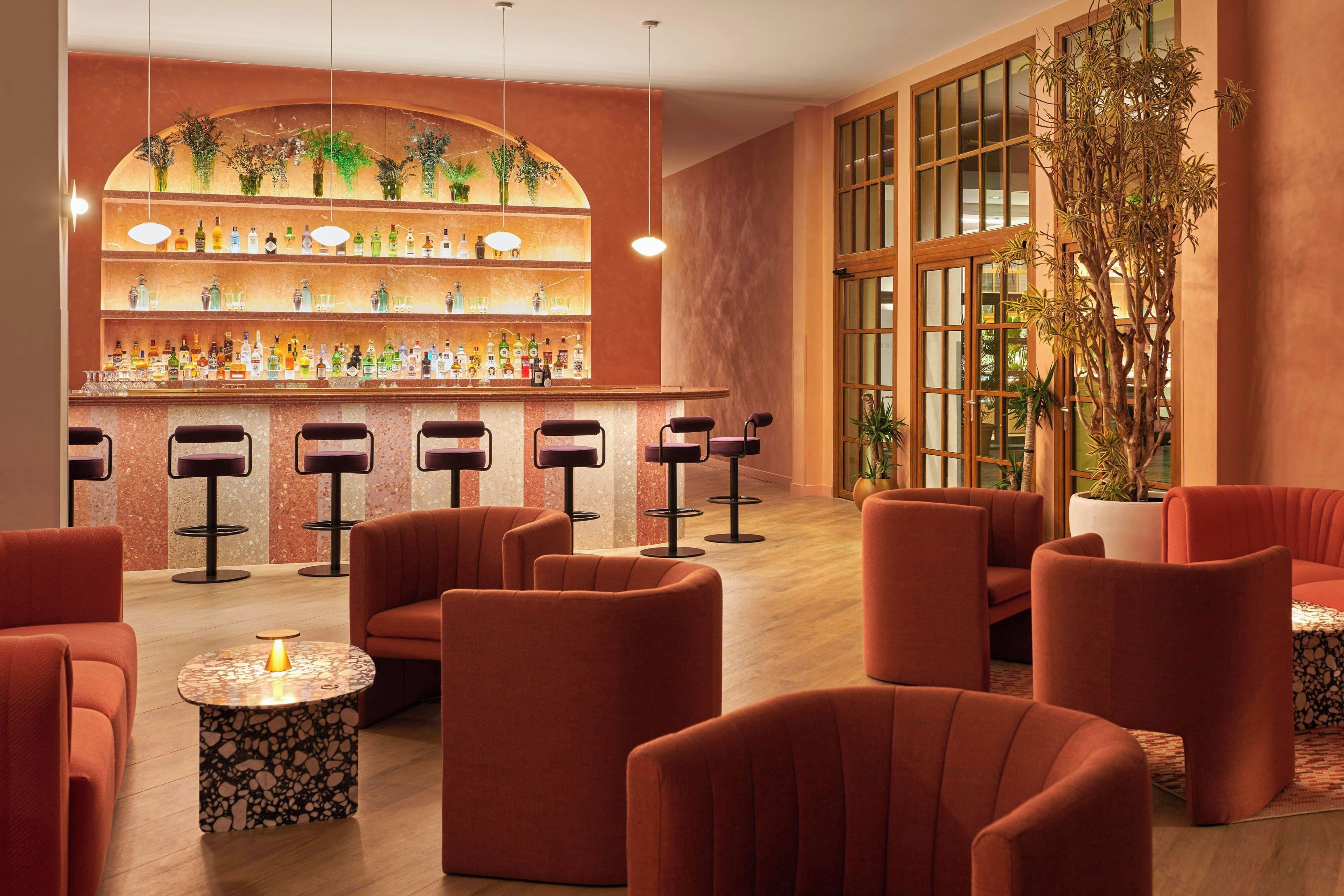 Zona de bar con varios taburetes, una barra con estantes llenos de botellas y una planta grande en maceta.