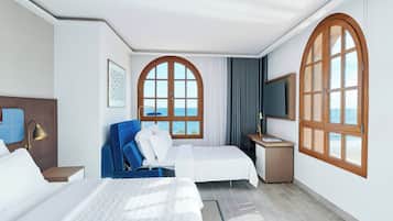 Een hotelkamer met twee bedden, een bureau, een televisie en grote ramen met uitzicht op de oceaan.