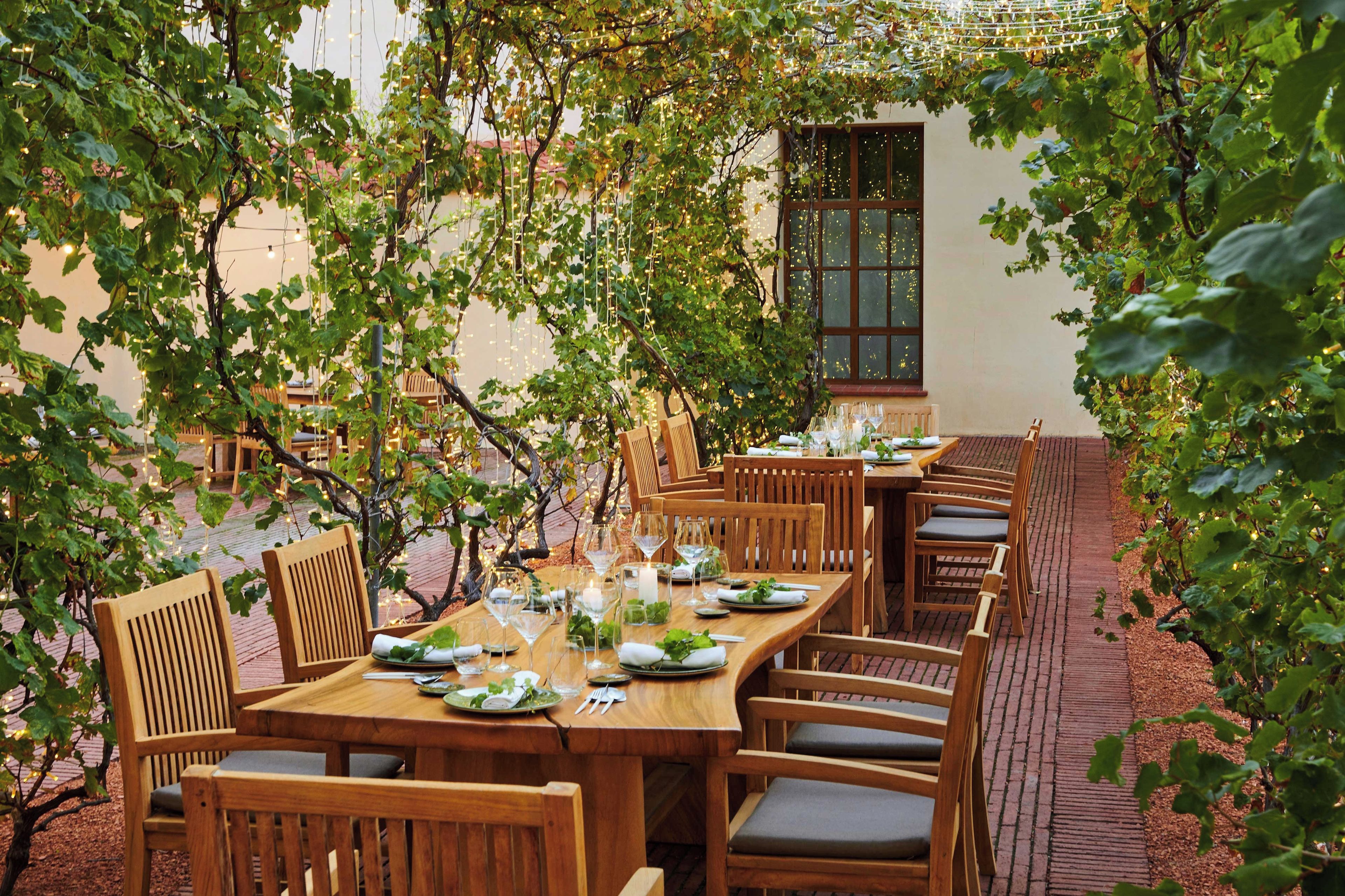 Un área de comedor al aire libre con mesas y sillas de madera, rodeada de follaje y luces colgantes.