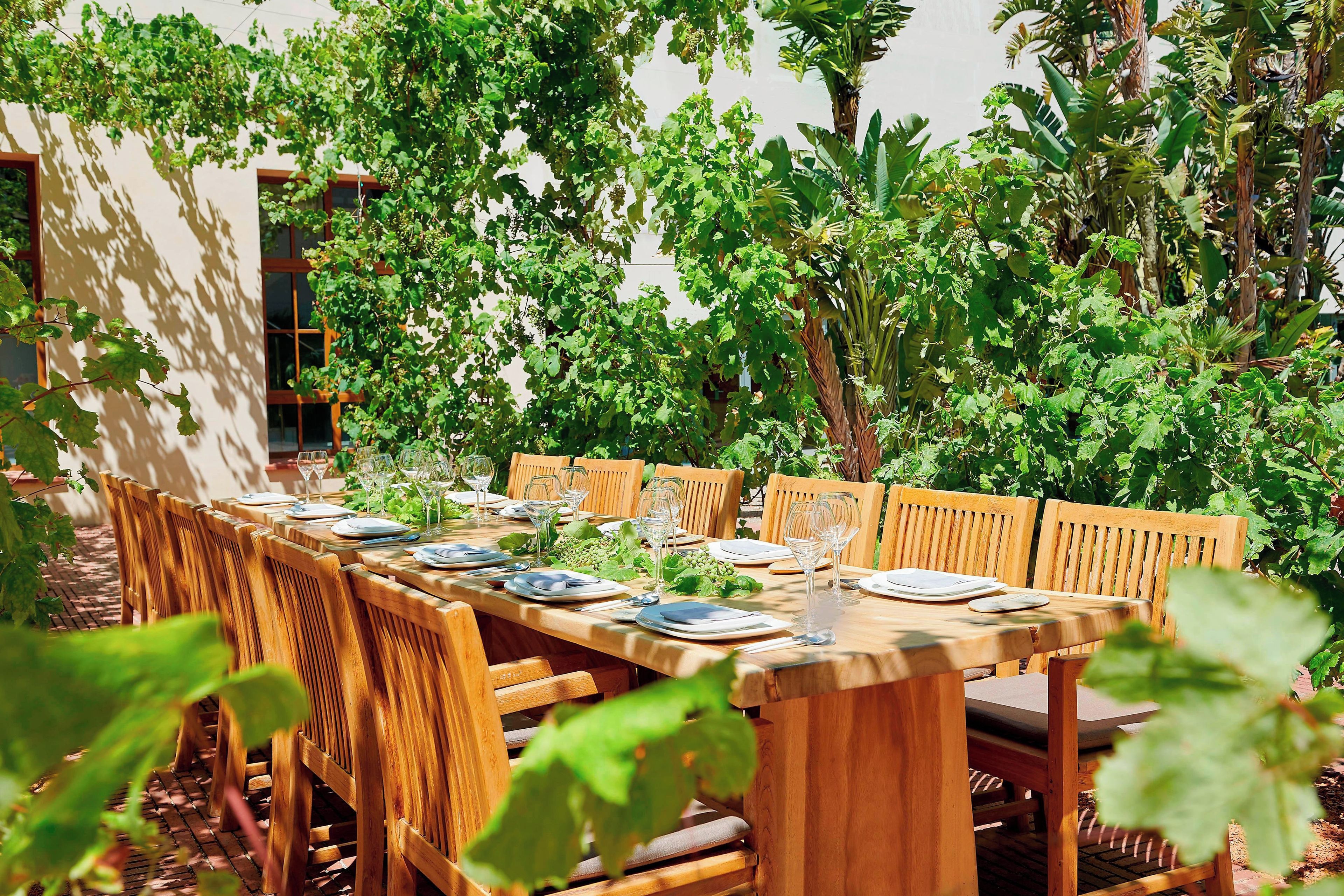 An outdoor dining area with a long wooden table set for six, surrounded by chairs, in a lush garden setting.