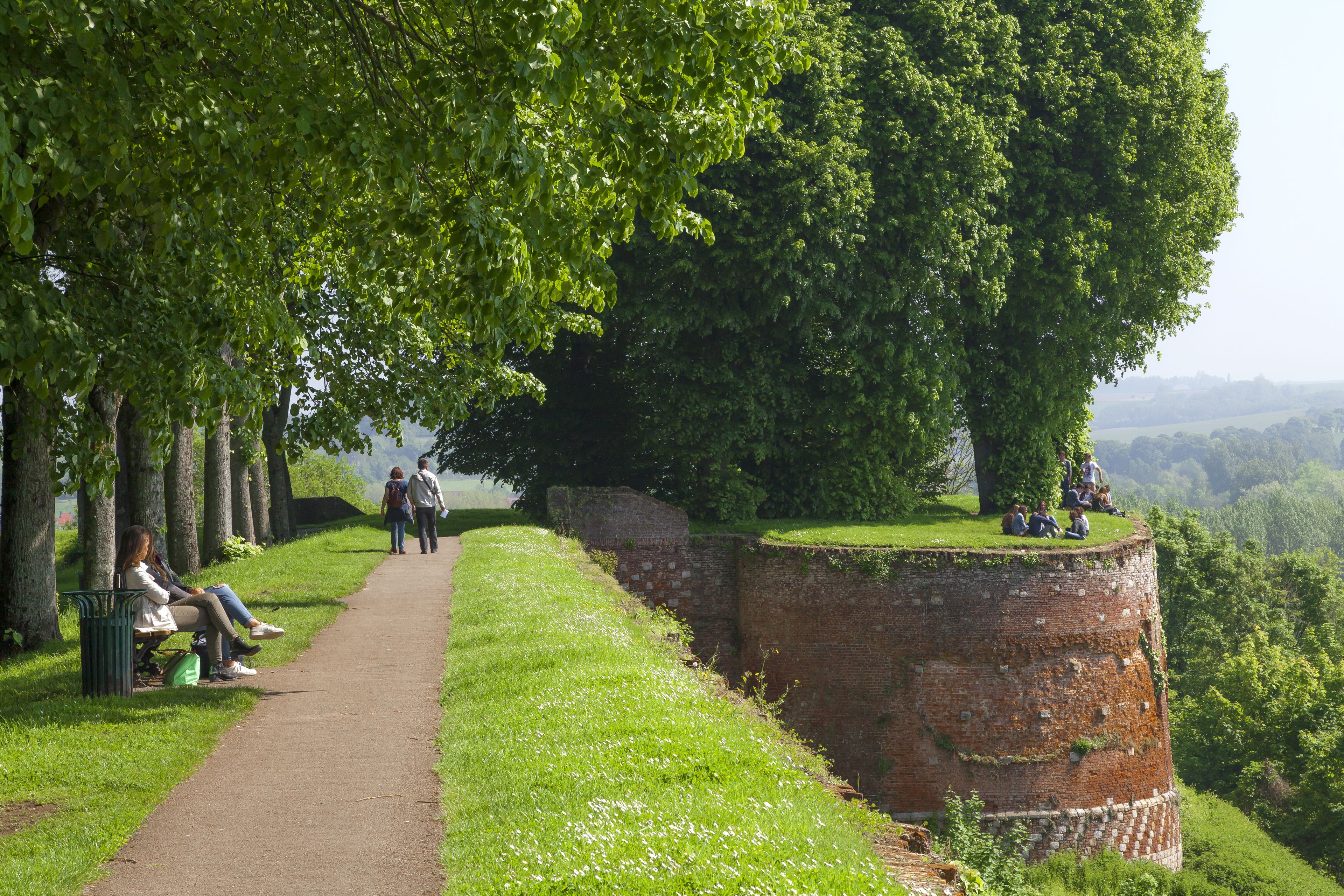A pathway alongside a brick wall with trees and a grassy area.