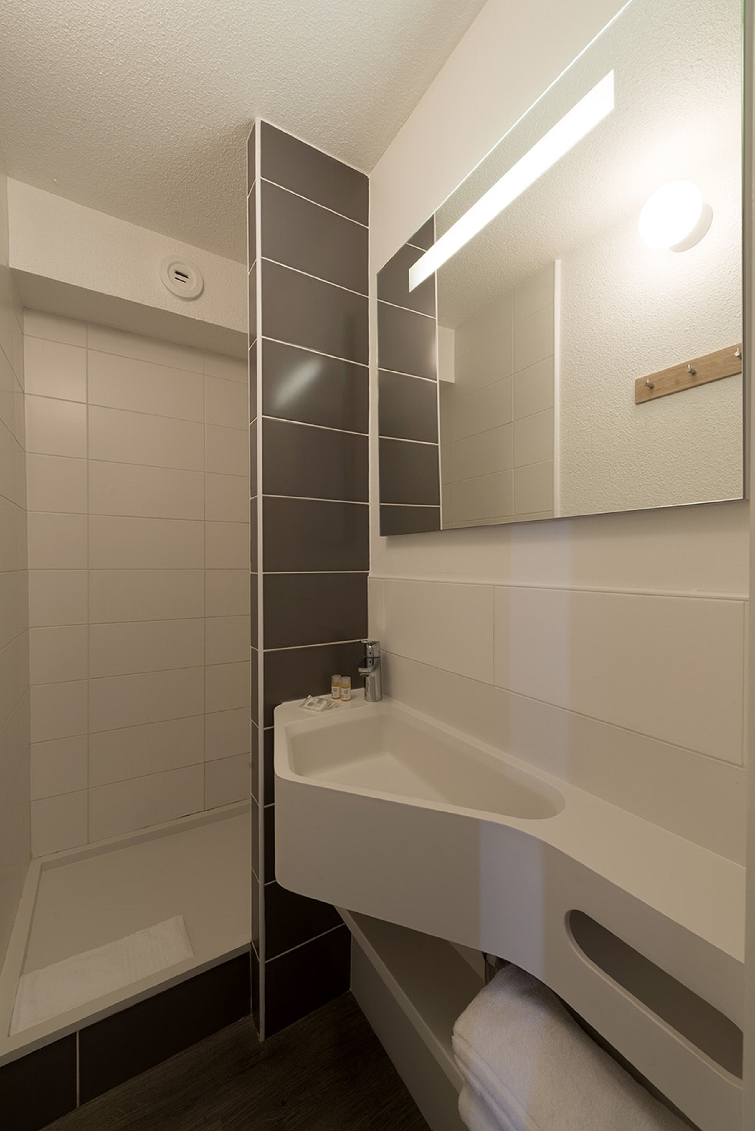Une salle de bain moderne dotée d’une douche intégrée, d’un meuble-lavabo avec miroir et de toilettes.