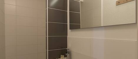 Une salle de bain moderne dotée d’une douche intégrée, d’un meuble-lavabo avec miroir et de toilettes.