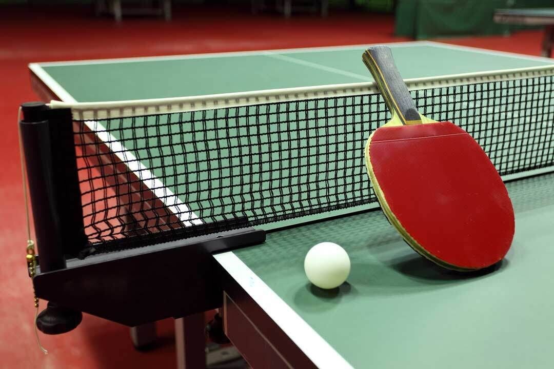 A table tennis table with a net, a paddle, and a ball.