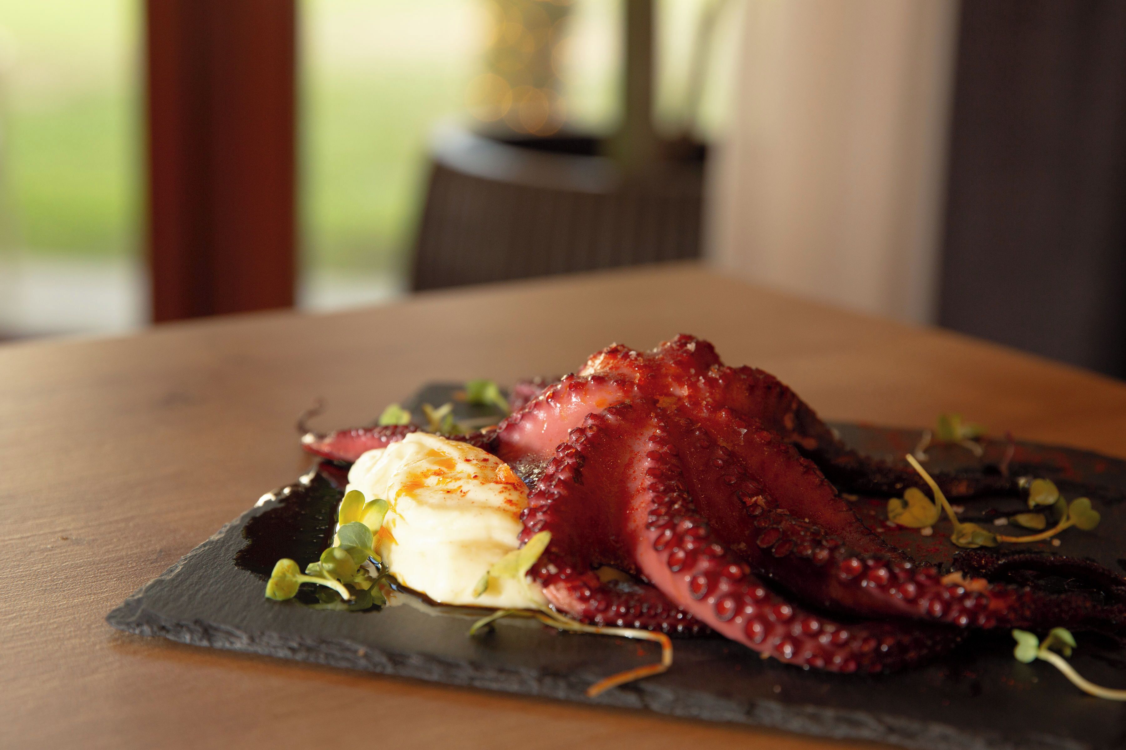 Une assiette de poulpe, agrémentée d’une garniture, servie sur une assiette en ardoise sombre.
