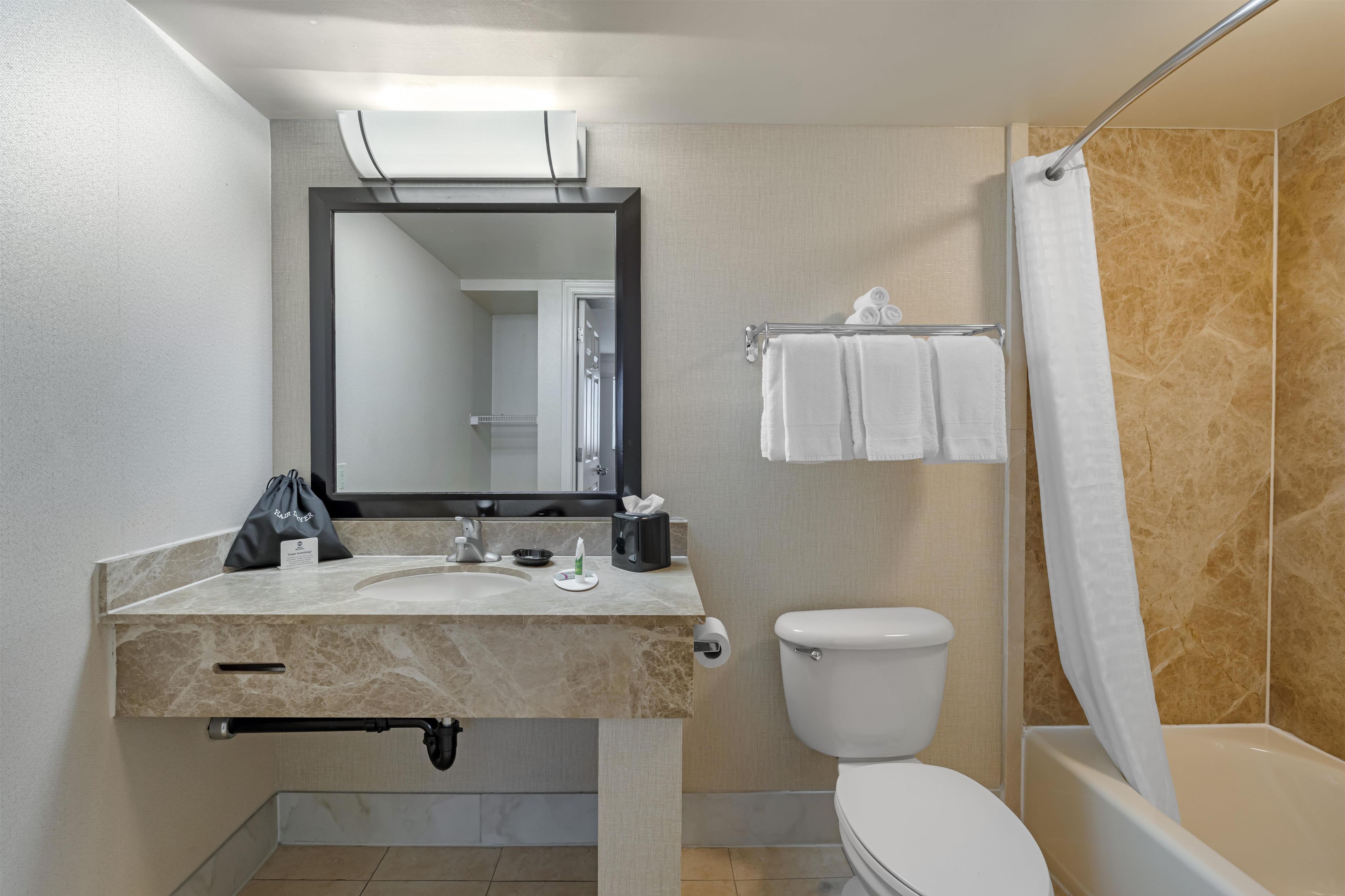 A modern bathroom with a marble sink, a toilet, and a shower area.