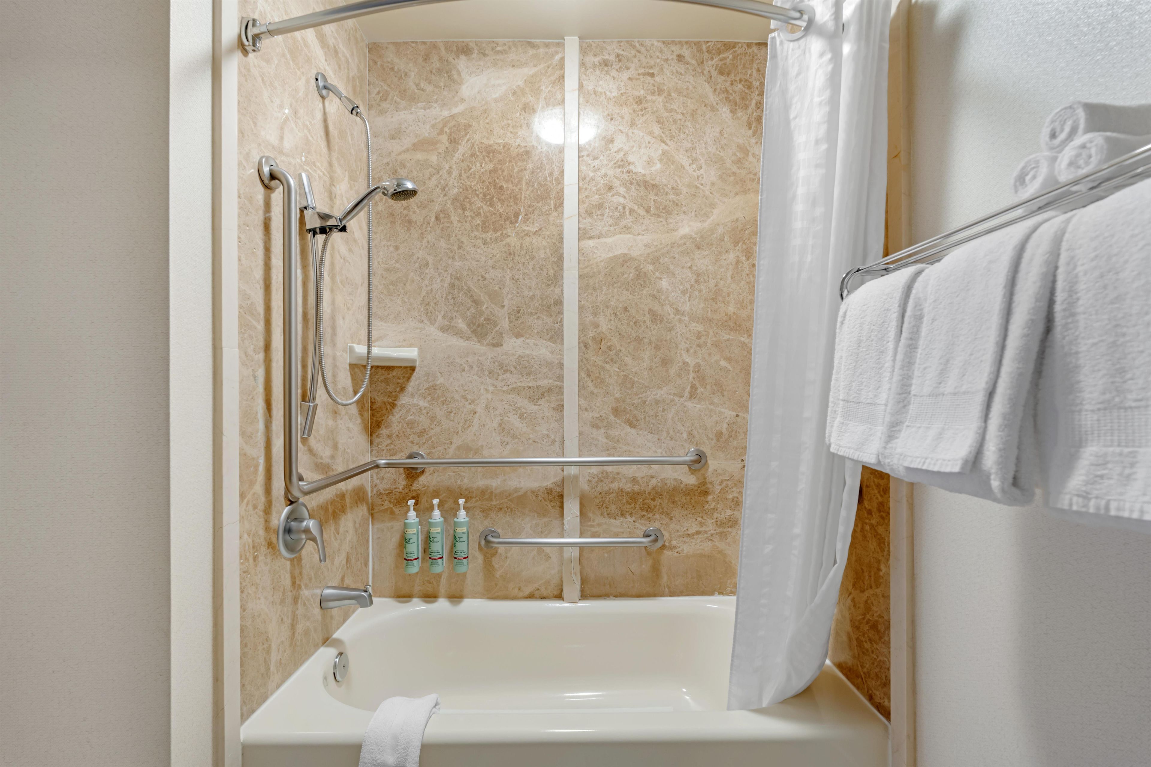 A bathroom with a shower, a bathtub, and a towel rack.