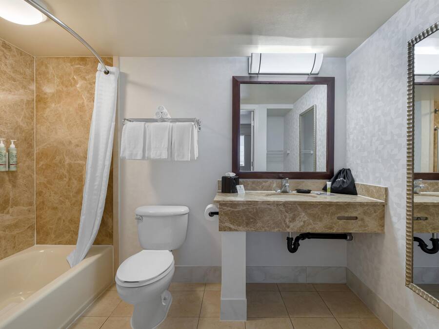 Un baño moderno con bañera, inodoro y tocador con espejo.